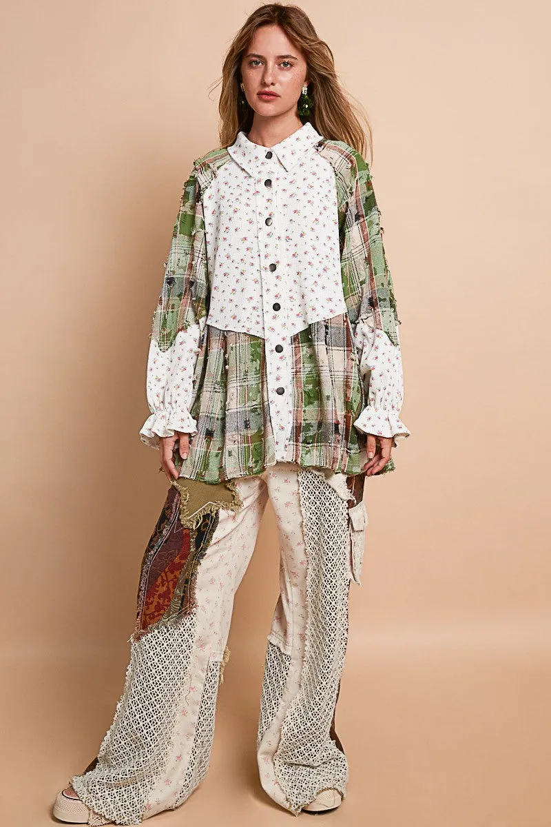 POL Floral and Plaid Print Button Down Top in Ivory Multi