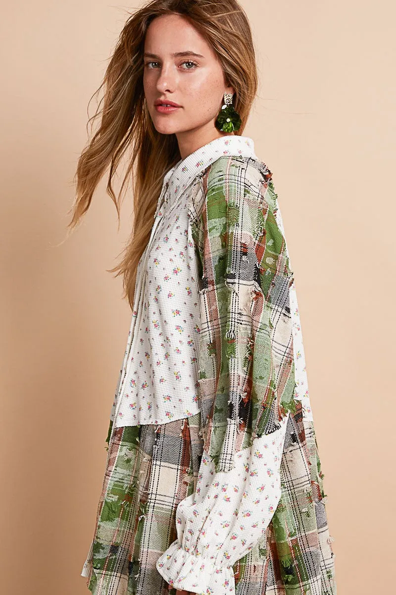 POL Floral and Plaid Print Button Down Top in Ivory Multi