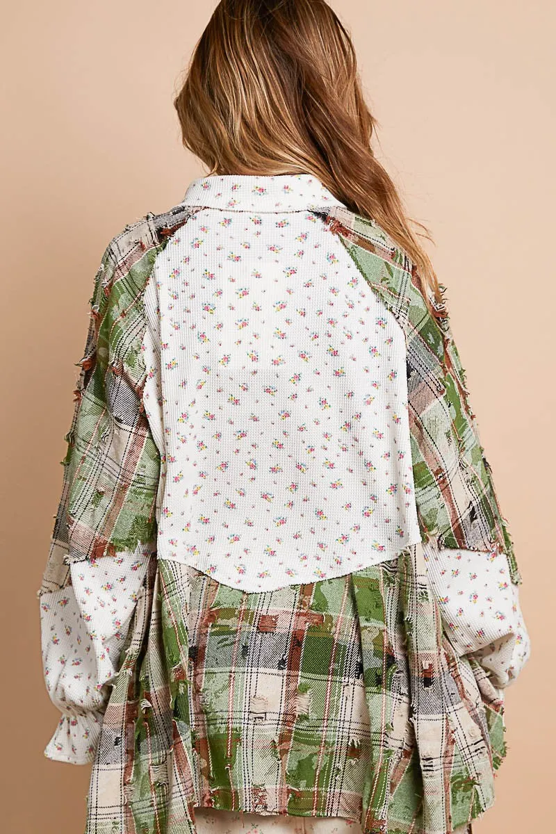 POL Floral and Plaid Print Button Down Top in Ivory Multi