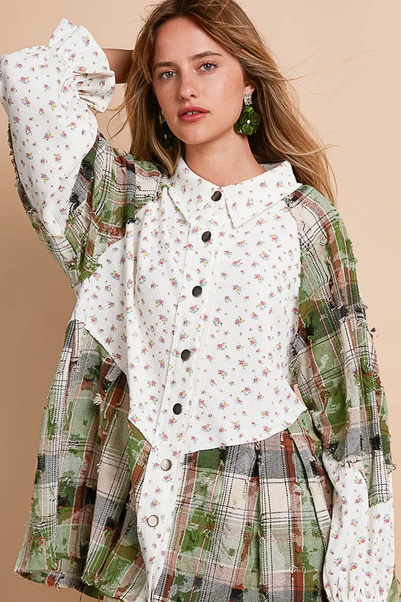 POL Floral and Plaid Print Button Down Top in Ivory Multi