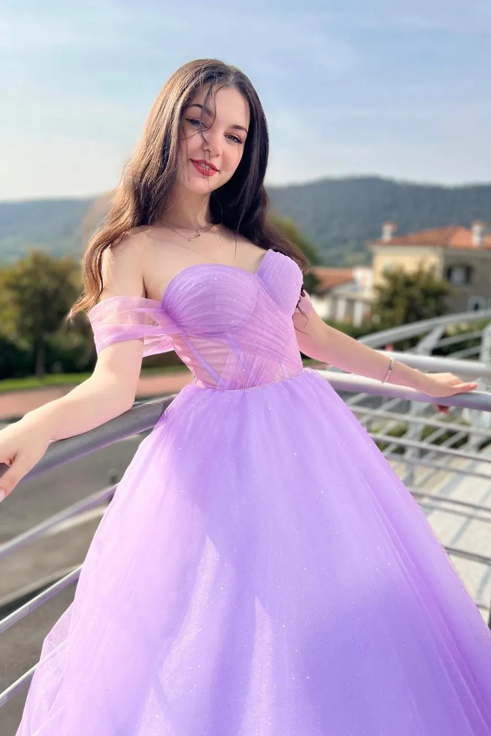 Purple Sweetheart Neck Tulle Long Prom Dress, A-Line Off Shoulder Evening Dress