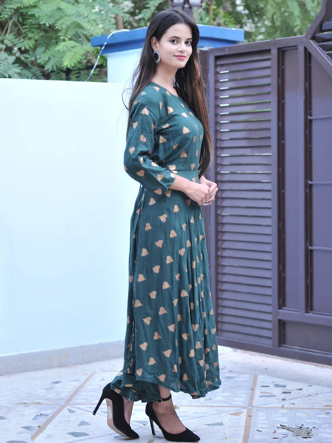 Rayon Green Women Maxi Long Kurti Gown