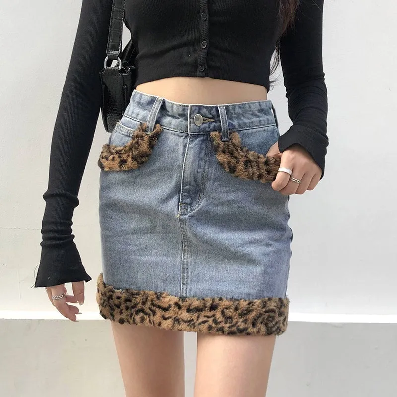 Retro Blue Denim Leopard Faux Fur Edges Mini Skirt