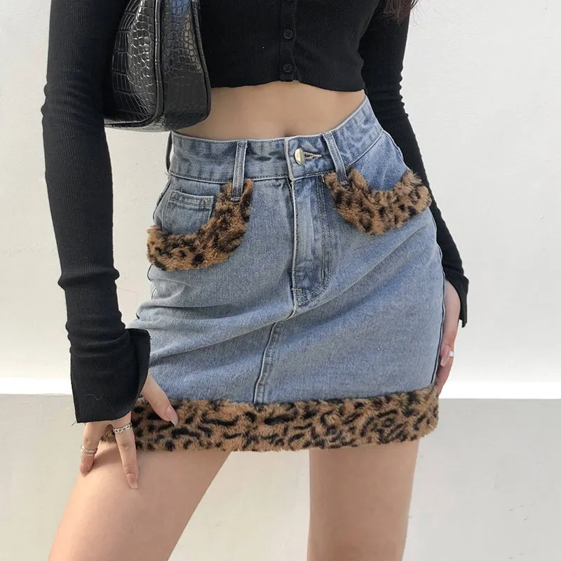 Retro Blue Denim Leopard Faux Fur Edges Mini Skirt