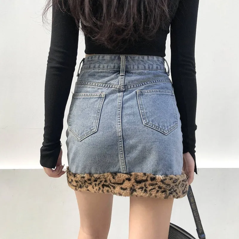 Retro Blue Denim Leopard Faux Fur Edges Mini Skirt