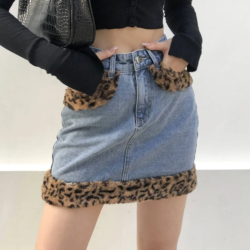 Retro Blue Denim Leopard Faux Fur Edges Mini Skirt