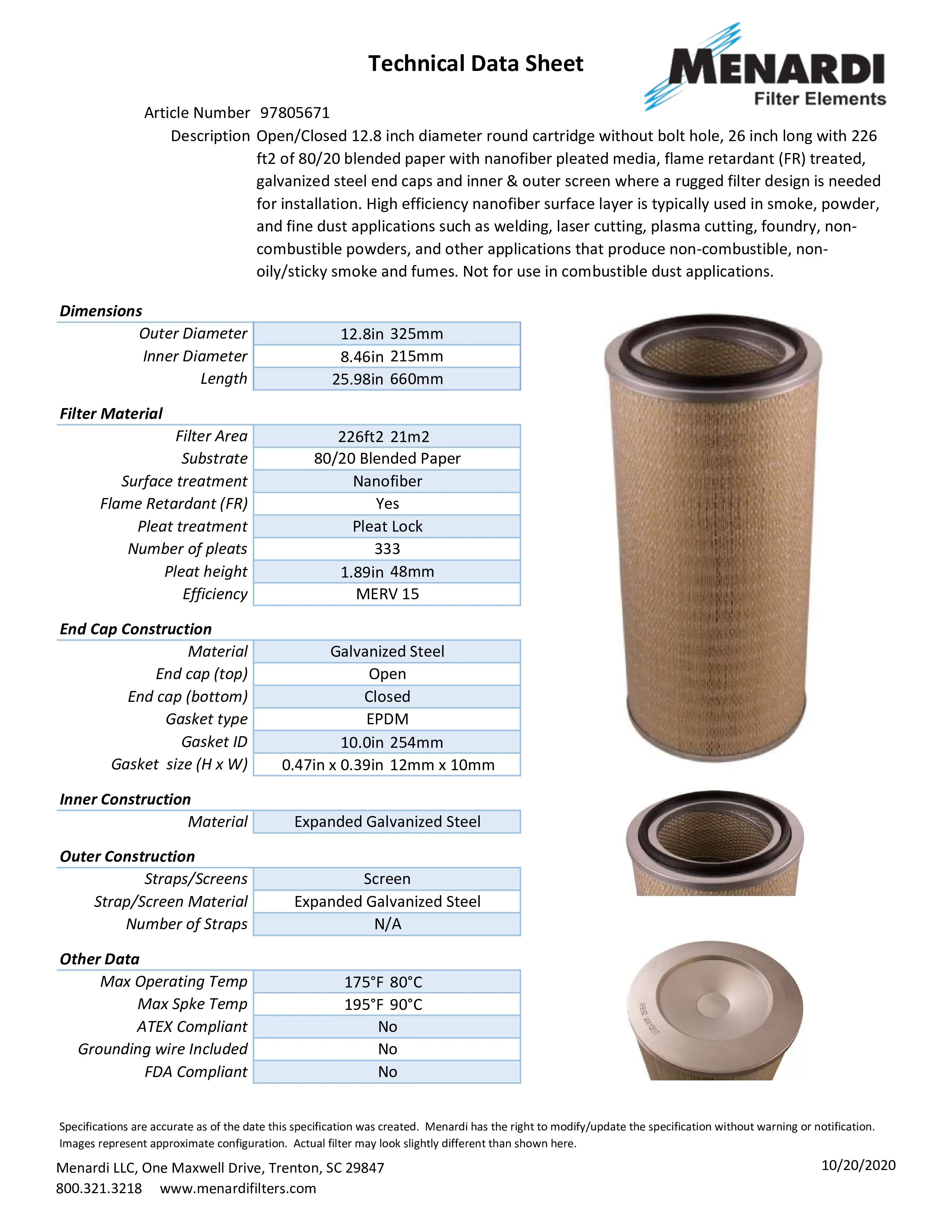 Round 12.8in x 26in Open/Closed Dust Collector Cartridge, FR Treated, 80/20 Blended Paper w/ Nanofiber and Outer Metal Screen