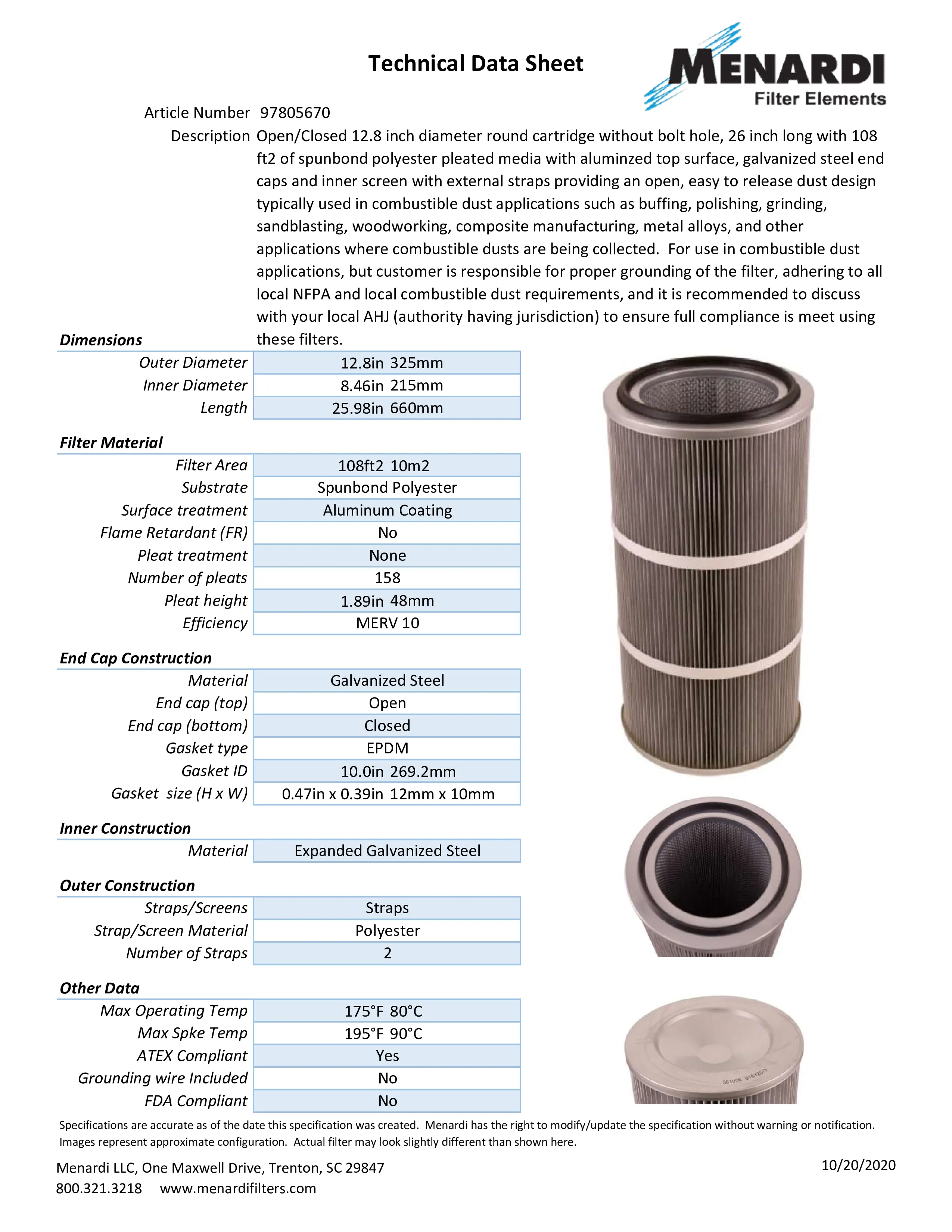 Round 12.8in x 26in Open/Closed Dust Collector Cartridge, Spunbond Polyester w/ Aluminum Coating