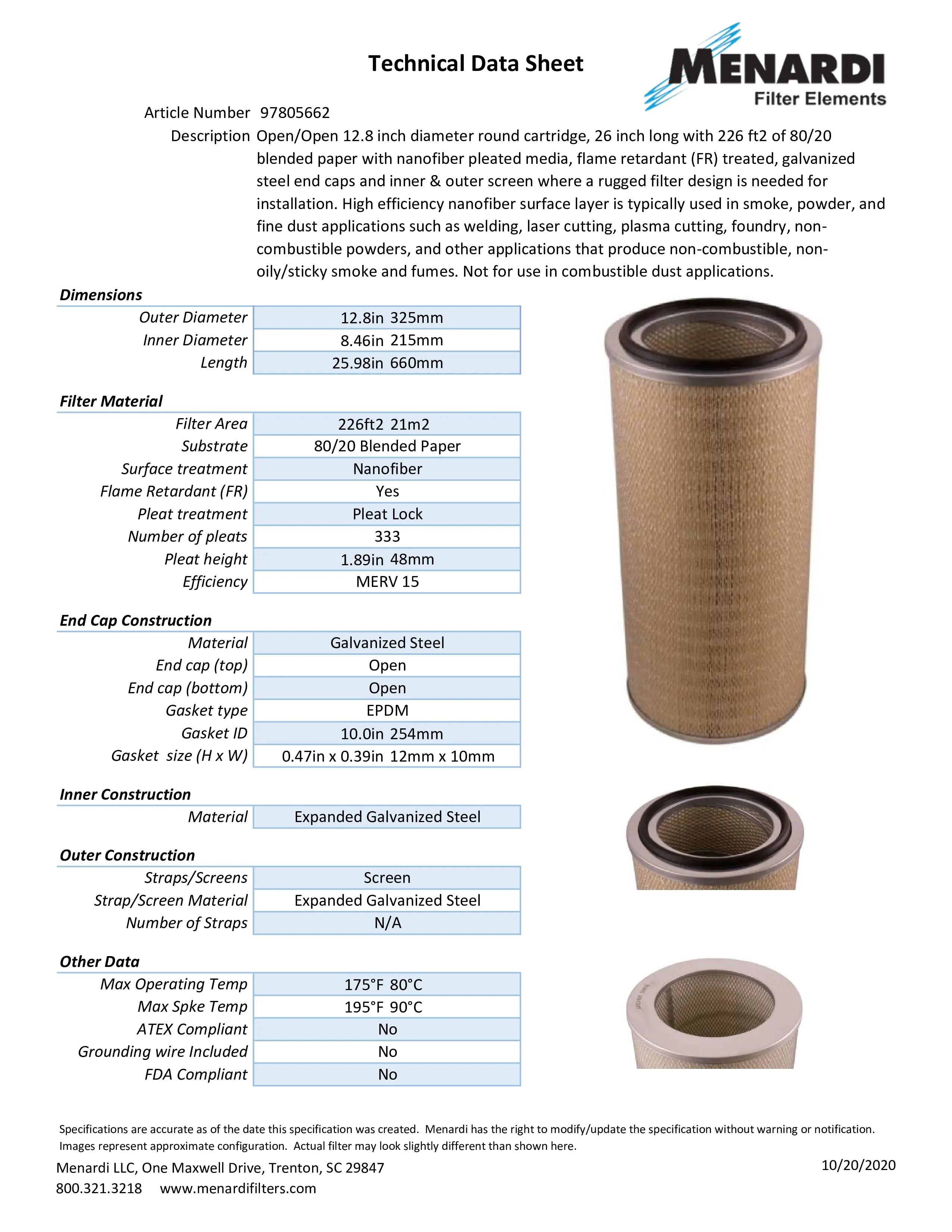 Round 12.8in x 26in Open/Open Dust Collector Cartridge, FR Treated, 80/20 Blended Paper w/ Nanofiber and Outer Metal Screen