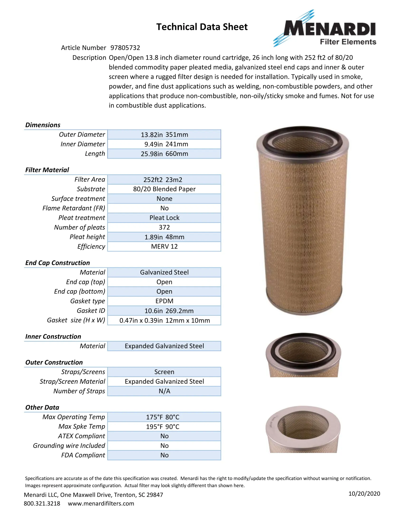 Round 13.8in x 26in Open/Open Dust Collector Cartridge, 80/20 Blended Paper and Outer Metal Screen