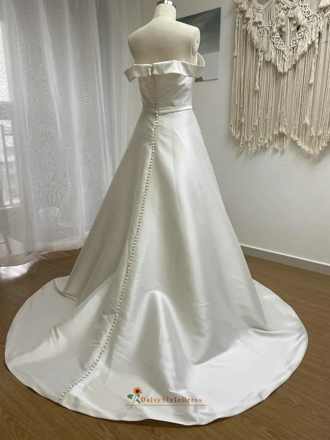 Simple Off Shoulder Sleeve Soft Satin Wedding Dress