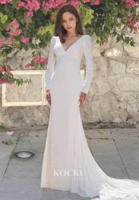V-Neck Long Sleeves Sheath Bridal Gowns Pleated Satin Wedding Dress with Sweep Train