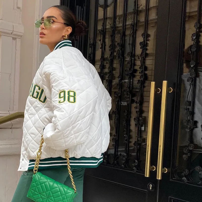 White Cropped Varsity Jacket Embroidered Retro Style Baseball Uniform Contrast Color Cotton-Padded Coat
