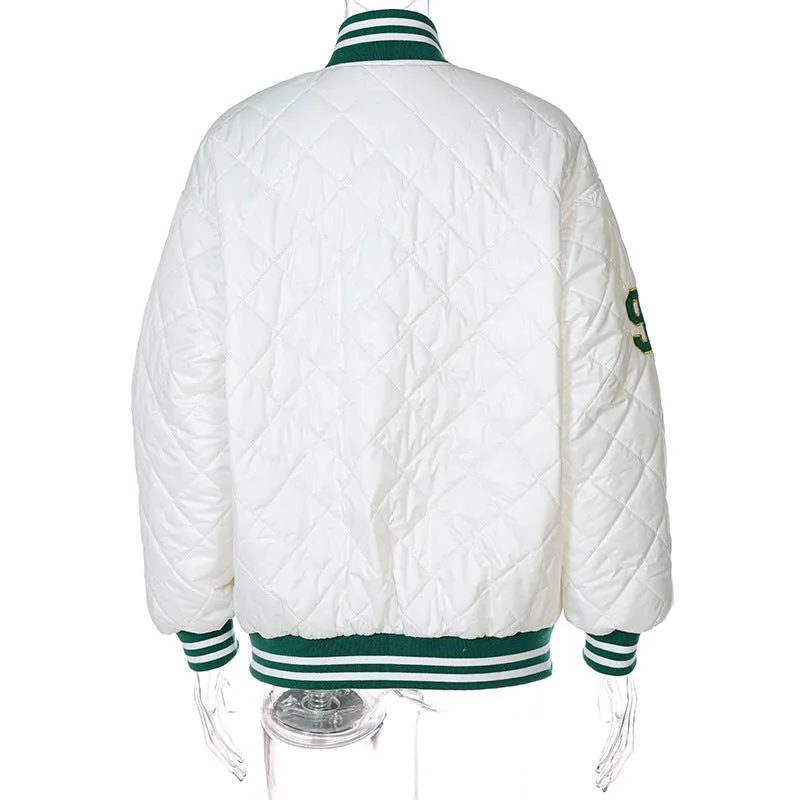 White Cropped Varsity Jacket Embroidered Retro Style Baseball Uniform Contrast Color Cotton-Padded Coat