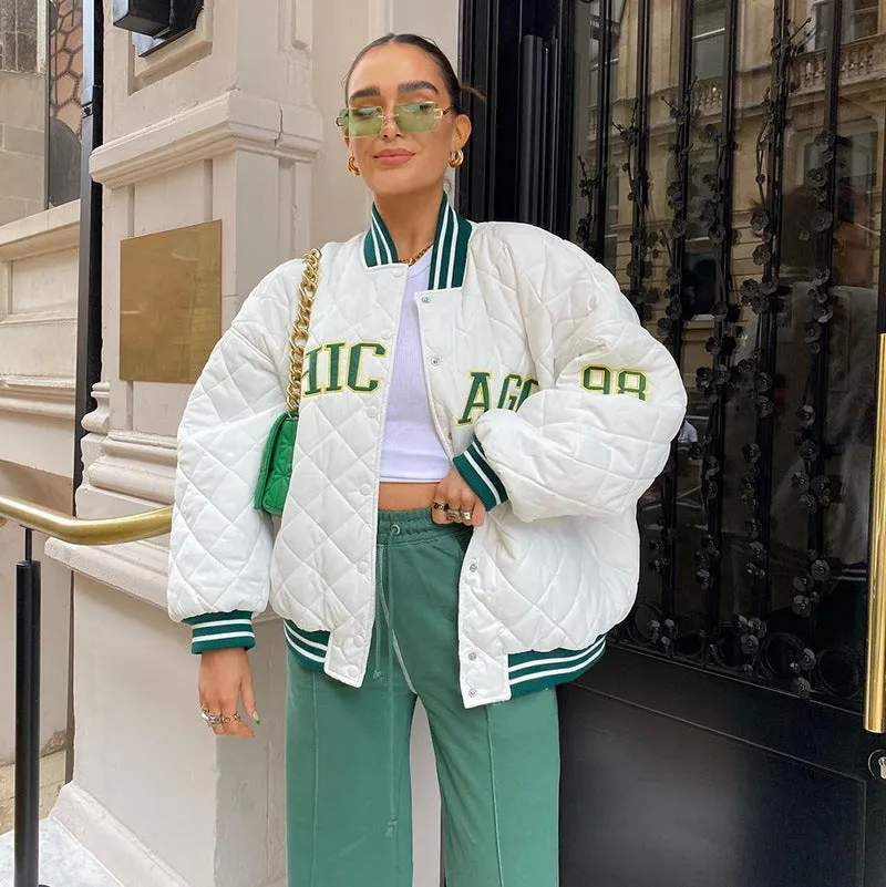 White Cropped Varsity Jacket Embroidered Retro Style Baseball Uniform Contrast Color Cotton-Padded Coat