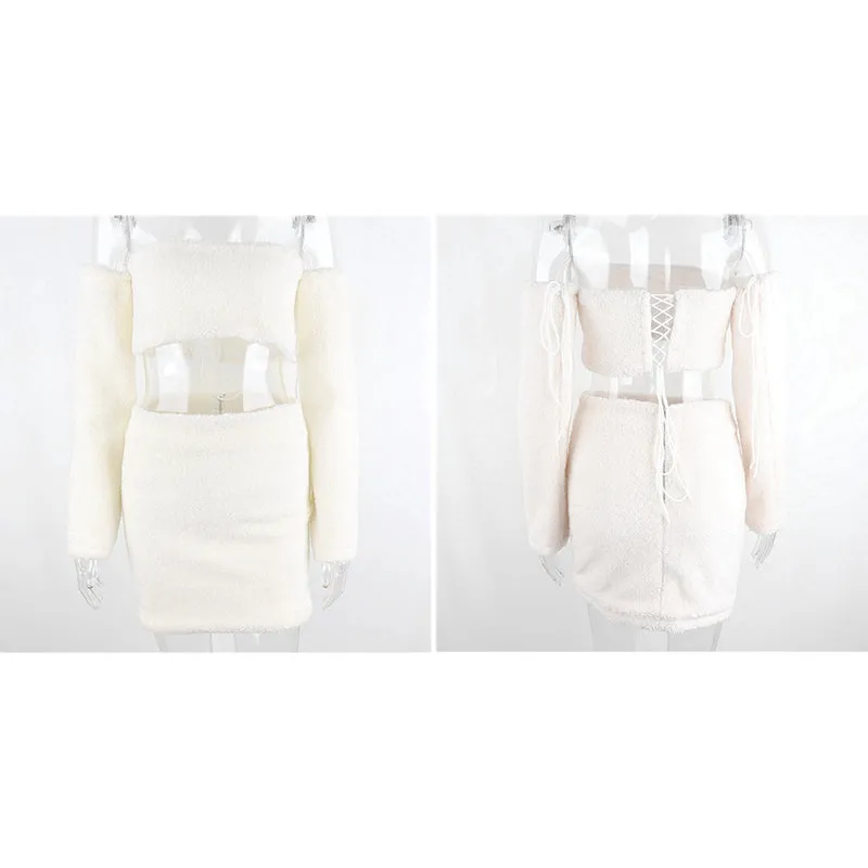 Women Sexy Faux Fur Long Sleeve Top Skirt 2PCS Set