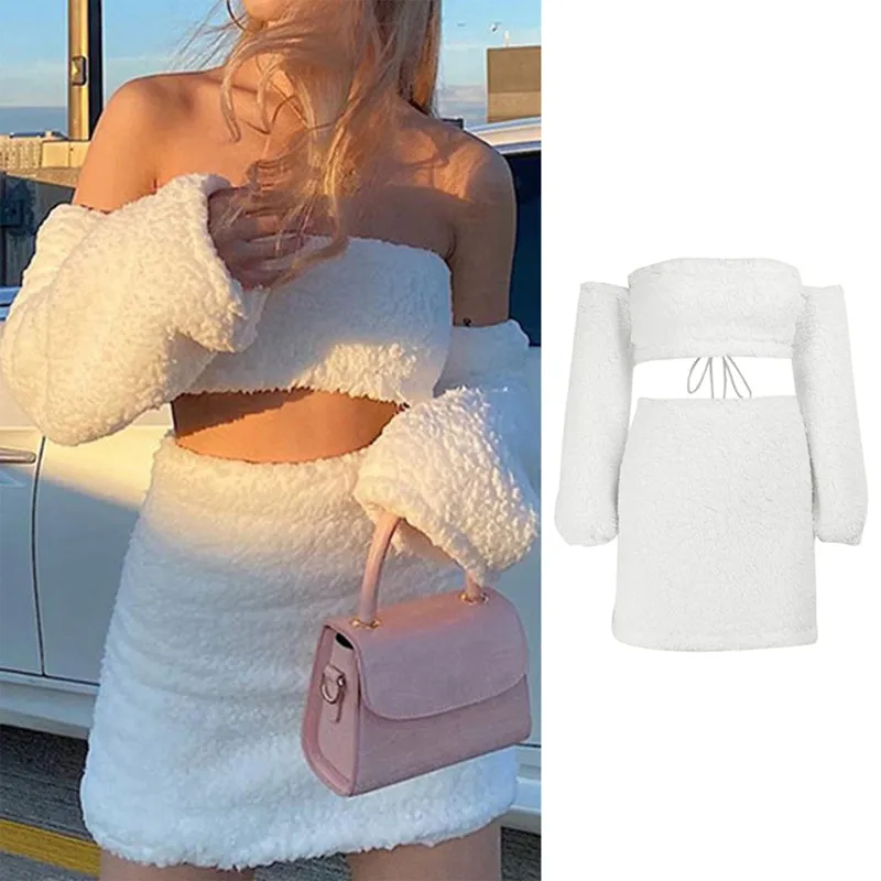Women Sexy Faux Fur Long Sleeve Top Skirt 2PCS Set