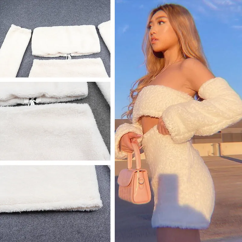 Women Sexy Faux Fur Long Sleeve Top Skirt 2PCS Set