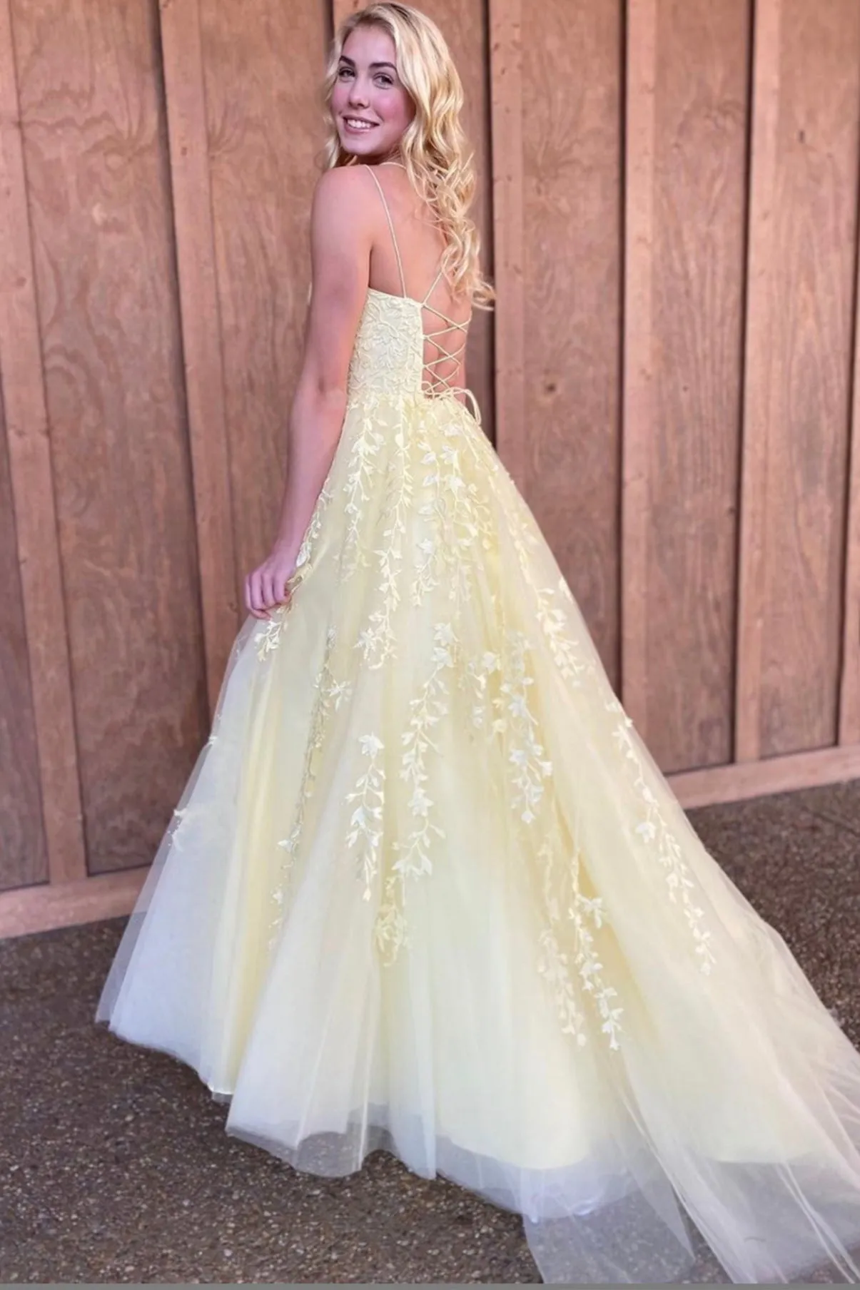 Yellow Spaghetti Strap Tulle Lace Long Prom Dress, A-Line Backless Evening Dress