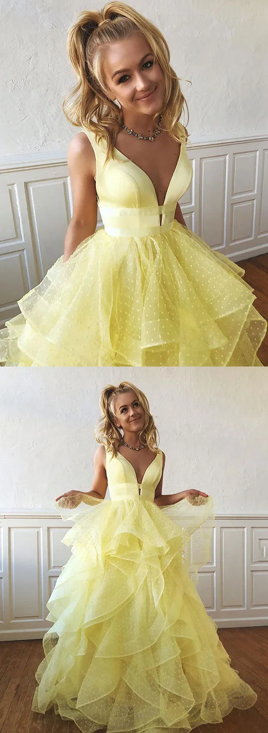 Yellow V-Neck Tulle Long Prom Dress, A-Line Evening Party Dress